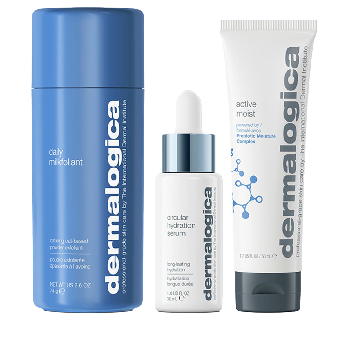 Smooth + Hydrate Set Dermalogica: Daily Milkfoliant, Exfoliating, Exfoliating Powder, 74 g + Active Moist, Prebiotics, Hydrating, Cream, For Face, 50 ml + Circular Hydration, Hyaluronic Acid, Serum, For Face, 30 ml